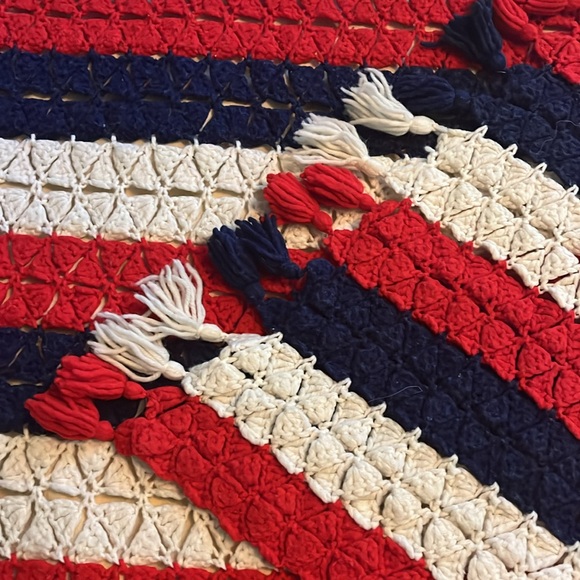 Handmade crocheted afghan red white and blue strips with tassels - Picture 4 of 10